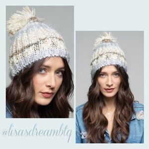 Multi Color Soft Plush Winter Beanie with Pom Pom - Blue, Ivory, Grey and Cream